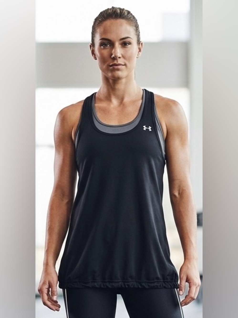 UnderArmour black/gray double workout top: full bra with attached body, XS